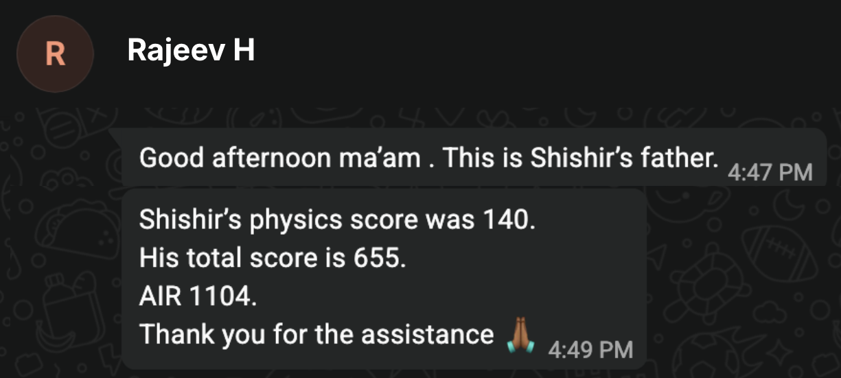 Rajeev H. — Shishir's father, sharing the final NEET result